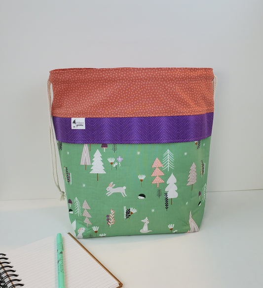 Custom, one of a kind, hand made organizational bag by Fiber Gnome. Fabric used is forrest animals