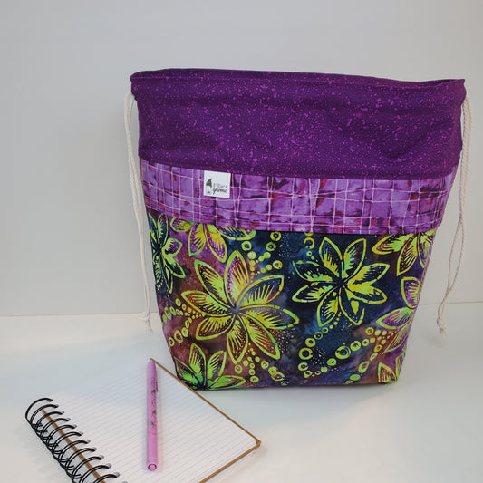 One of a kind Island Theme organizational bag by Fiber Gnome. Colors are purple and green