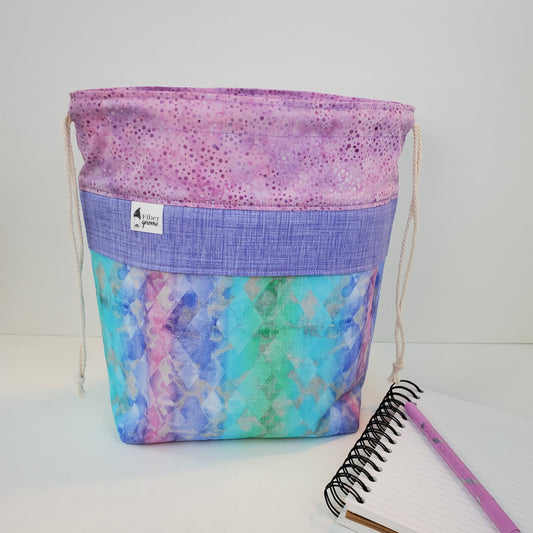 Adorable and femanine hand made bag by Fiber Gnome in pastel greens, pinks and purples